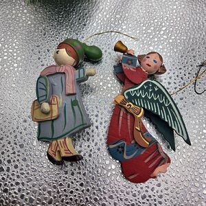 "5/$25" Set Of 2 Vtg Hand Painted Folk Art Wood Angel/Child Christmas Ornaments